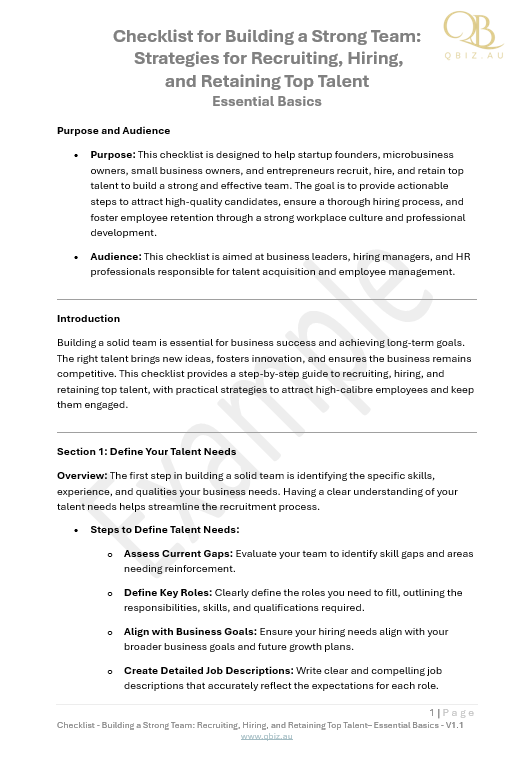 Checklist for Building a Strong Team: Strategies for Recruiting, Hiring, and Retaining Top Talent