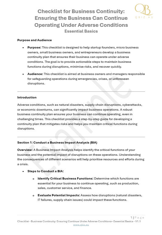 Checklist for Business Continuity: Ensuring the Business Can Continue Operating Under Adverse Conditions