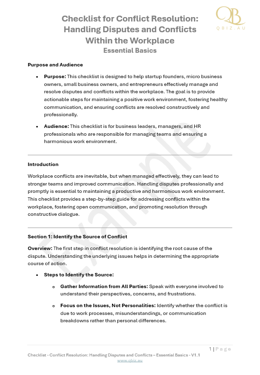 Checklist for Conflict Resolution: Handling Disputes and Conflicts Within the Workplace