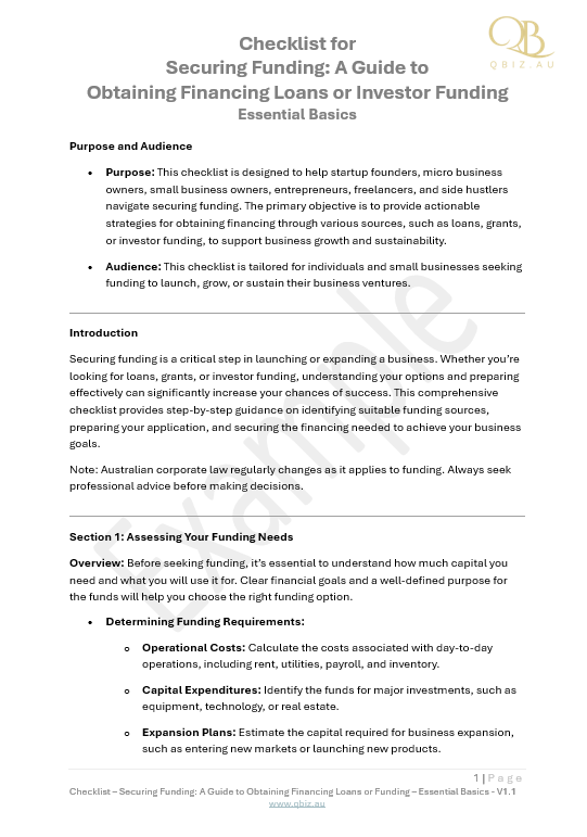 Checklist for Securing Funding: Options for Obtaining Financing, Such as Loans, Grants, or Investor Funding
