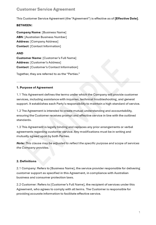 Customer Service Agreement: Defining Customer Service Conditions and Obligations