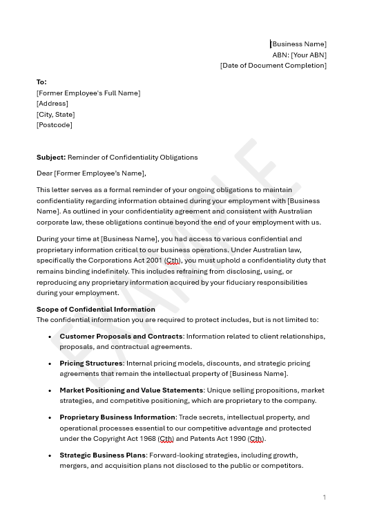 Reminder Letter – Former Employee Confidentiality Obligations