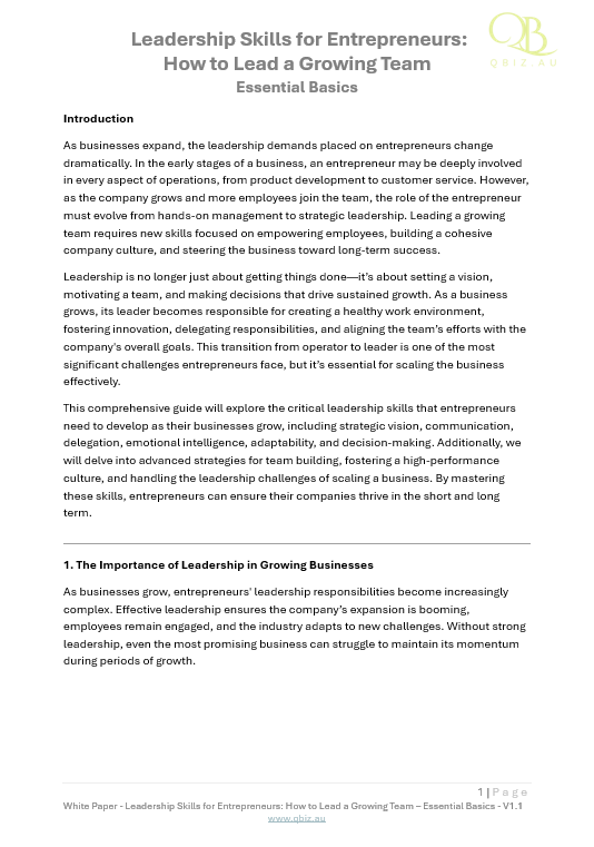 White Paper: Leadership Skills for Entrepreneurs: How to Lead a Growing Team