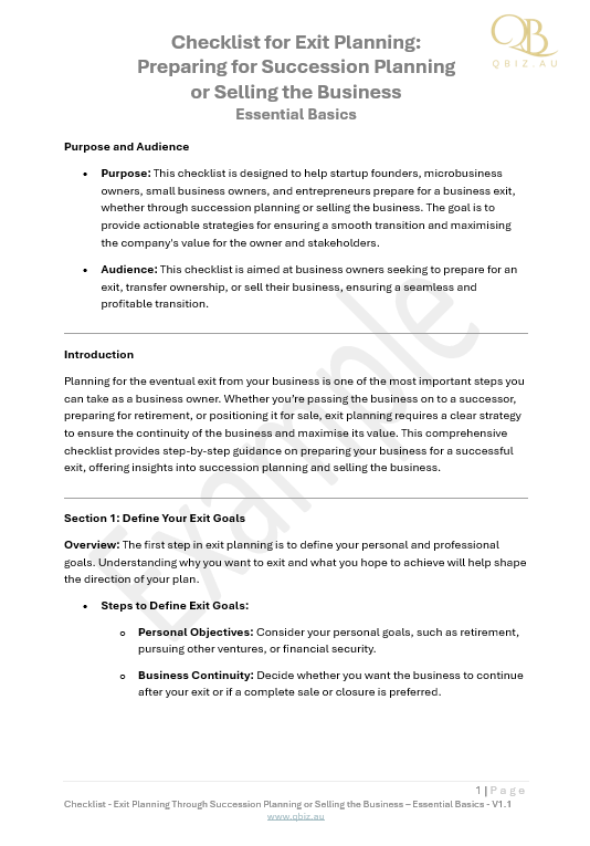 Checklist for Exit Planning:  Preparing for Succession Planning  or Selling the Business