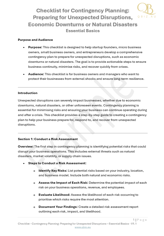 Checklist for Contingency Planning:  Preparing for Unexpected Disruptions,  Economic Downturns or Natural Disasters