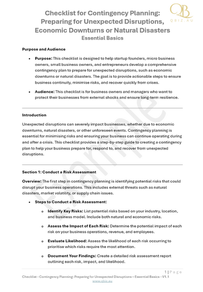 Checklist for Contingency Planning:  Preparing for Unexpected Disruptions,  Economic Downturns or Natural Disasters