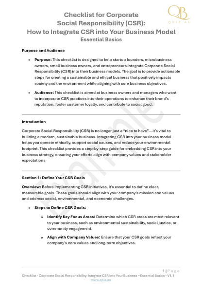 Checklist for Corporate  Social Responsibility (CSR):  How to Integrate CSR into Your Business Model