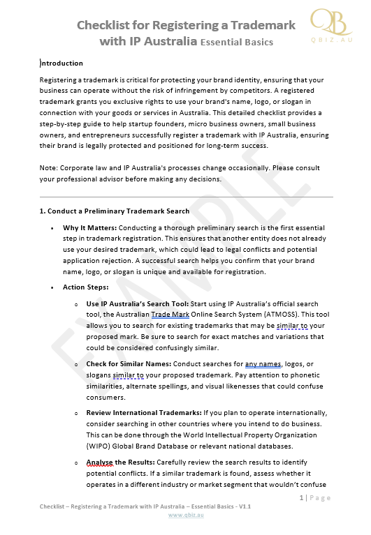 Trademark Registration Checklist (IP Australia) – $4.99 – Qbiz.AU