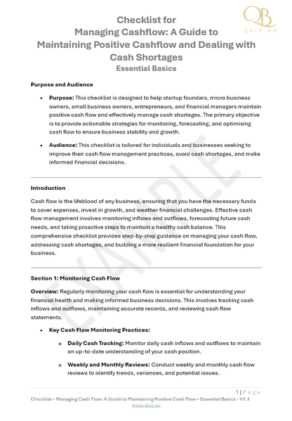 Cash Handling Checklist.pdf Checklist: Manage Cash Flow & Avoid Shortages – $4.99 – Qbiz.AU